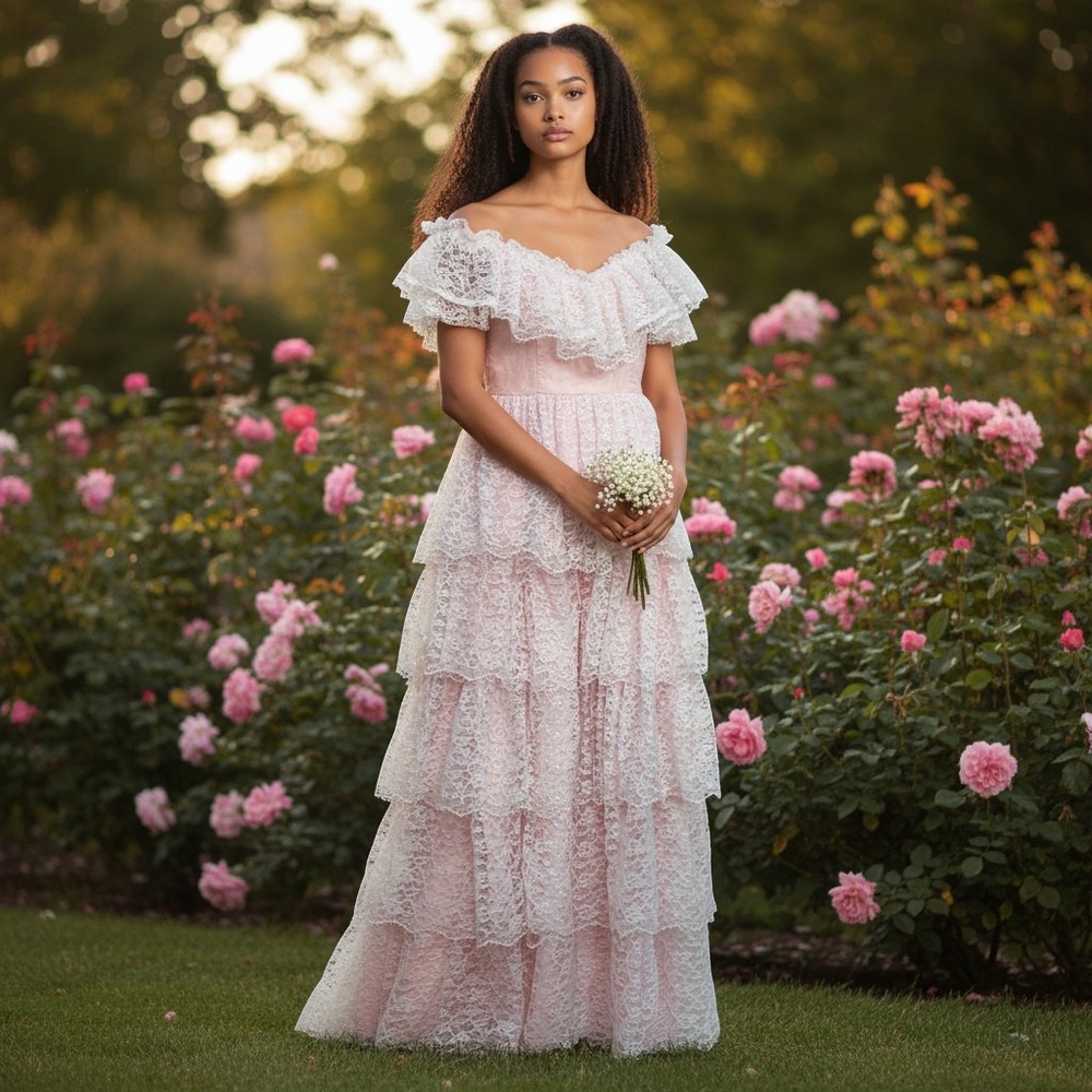 Vintage 70s Alfred Angelo Pink Lace Tiered Maxi Dress Gown Coquette Prairie